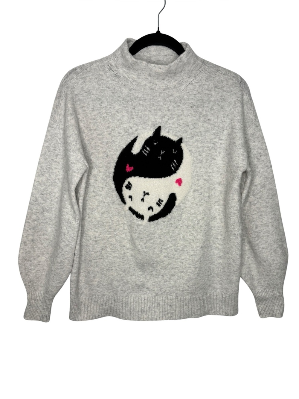 Loft Wool Blend Mock Neck Cat Yin-Yang Sweater Size Small Grey Casual